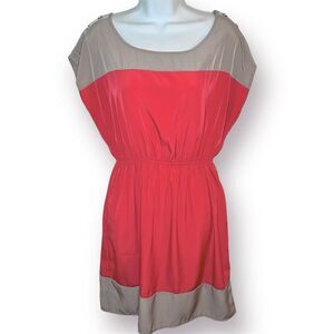 Soprano Short Sleeve Doman Colorblock Mini Dress Coral Red Camel Tan L